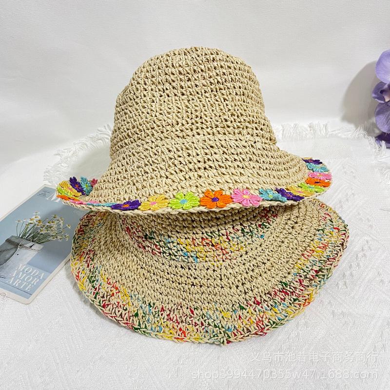 Flower straw bucket hat women's spring and summer breathable sunshade imitation sun hat bucket hat small fresh face small straw hat