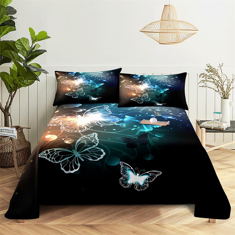 Флуоресцентная простыня с бабочками, модный принт, полиэстер, детская двуспальная кровать, плоская простыня с наволочкой, комплект постельного белья, простыня