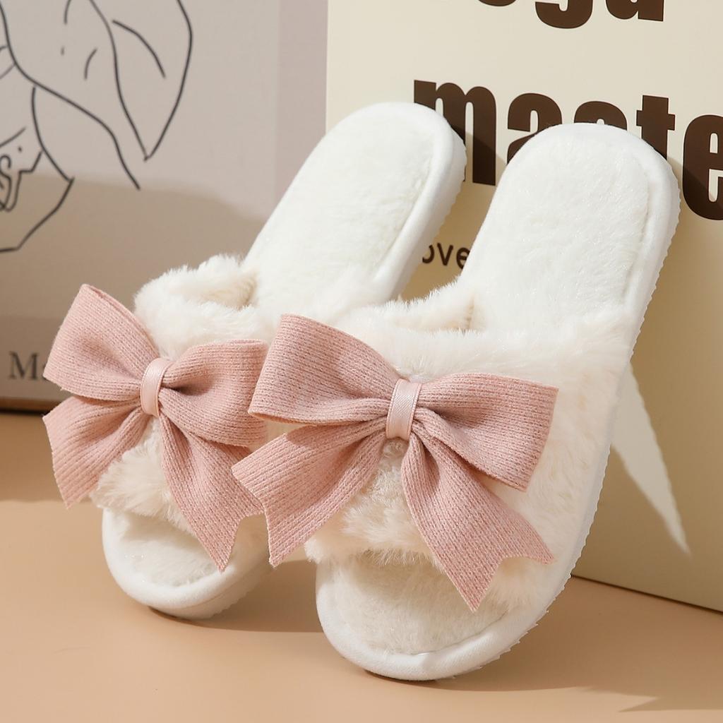 Cotton Slippers Women's Winter Cute Bow Girl Heart Indoor Home Warm Thick Bottom Non-slip Open Slippers Four Seasons