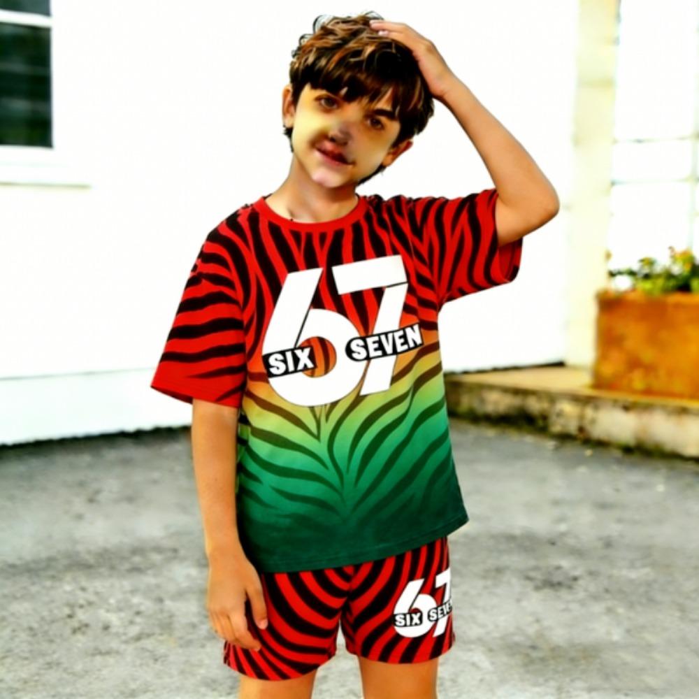 Kids Clothing Top 67 Gradient Zebra Color Printed Kids T-shirt and Shorts 2 Piece Set Summer Casual Outfit for Boy's and Girl's