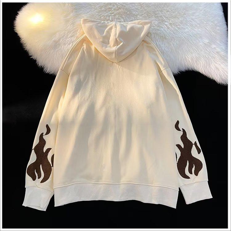 Мужской кардиган-толстовка на молнии с капюшоном, вышивкой креста и пламени, с флисовой подкладкой, модный свободный крой для пар, идеально подходит для весны и осени.