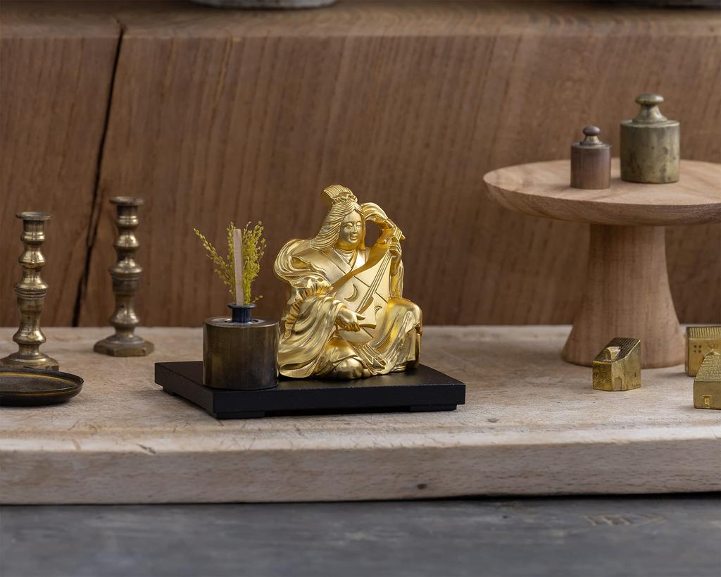 Seven Lucky Gods of Good Fortune: Benzaiten (Gold Plated/24K) Sculptor: Makita Shuuun Original Model - Buddhist Statue, Ornament, Takaoka Bronze Ware