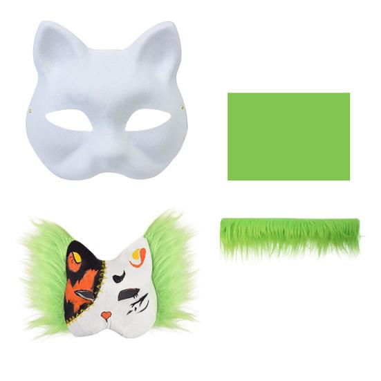 Cat Masque DIY Set White Paper Cat Masque with Eye Mesh Faux Fur Unfinished Cat Masque for Kids Adults DIY Painting