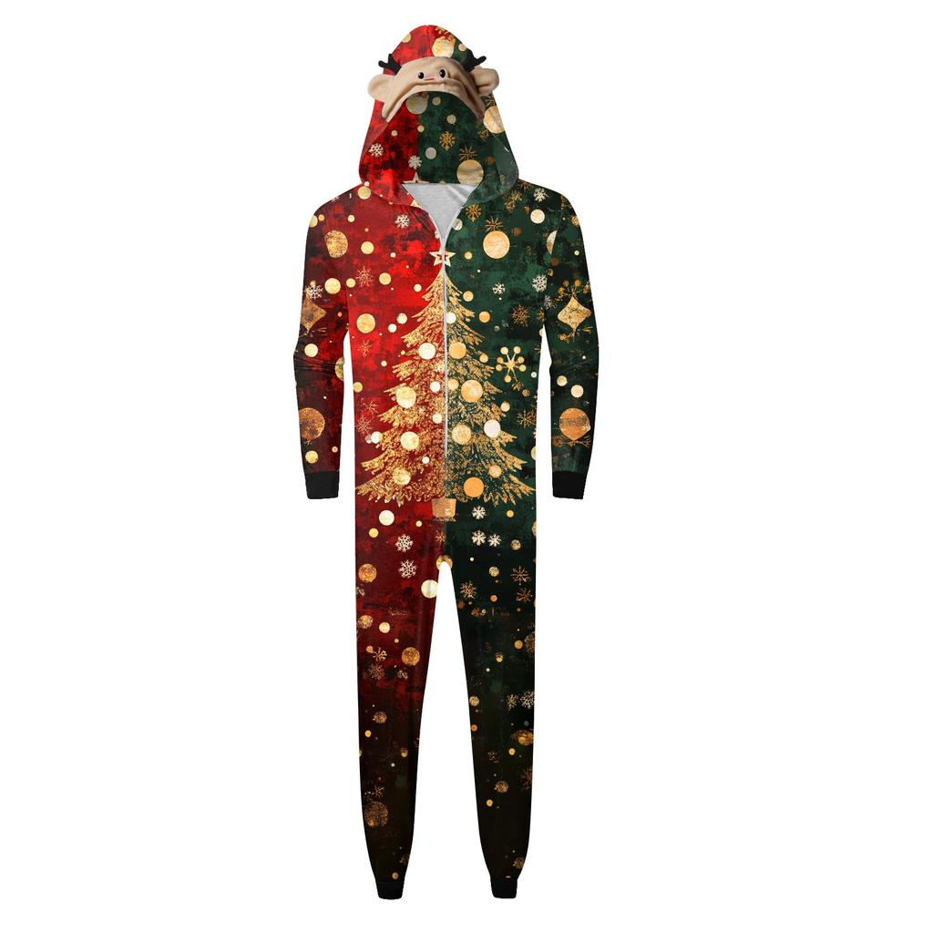 Christmas Print Family Matching Hooded Long Sleeved Zippered Jumpsuit Set