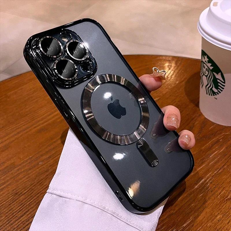 Luxury New Clear Lens Film Magnetic Case For IPhone 15 14 13 12 11 Pro Max Plus Plating Wireless Charging Shockproof Cover