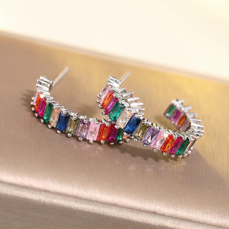 Серьги-кольца из стерлингового серебра с разноцветными кубическими цирконами для женщин, креативные аксессуары для помолвки, шикарные украшения для вечеринок, подарки