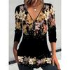 Elegant and Casual Spring and Autumn V-neck Zipper Floral Printed Long-sleeved Women's T-shirts
