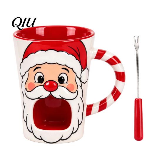 Christmas Exchange Present Santa Claus Ceramic Chocolate Fondue Mug with Forks, Melting Mug, Cheese Pot Tealight Candle Mini Simmer Cup for Party And