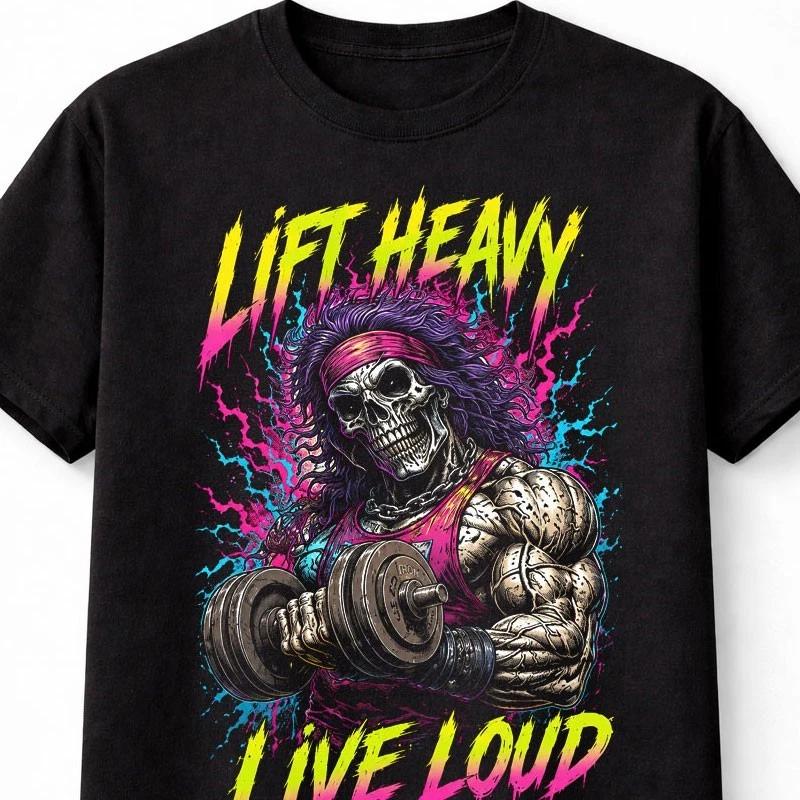 Lift Heavy Live Loud Skeleton Gym Horror Metal Unisex TShirt