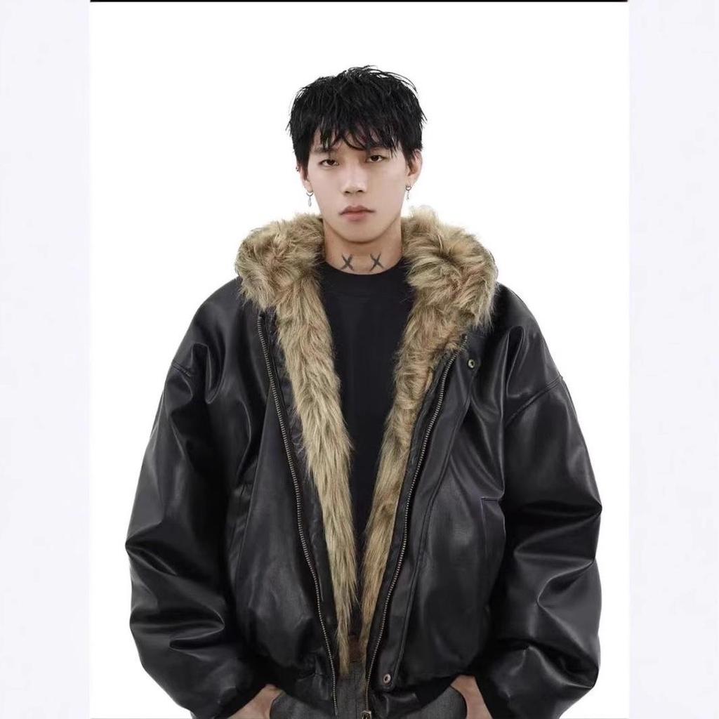 2024 Экологичная двусторонняя кожаная куртка с капюшоном из искусственного меха норки и бархата