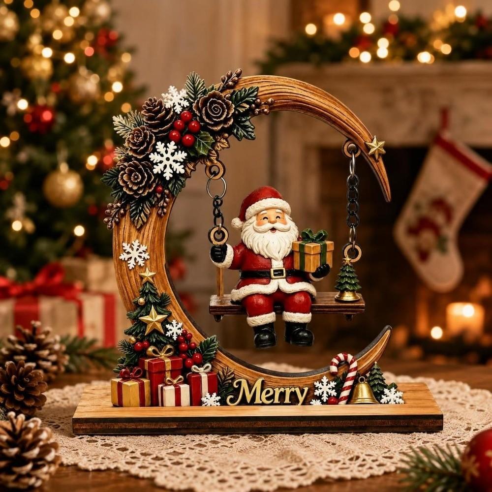 Moon Shape Christmas Ornaments Wooden Christmas Decoration Swing Santa Claus Decoration For Office