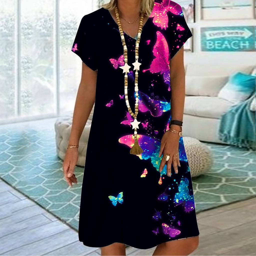 Летнее модное платье с v-образным вырезом, женское платье с коротким рукавом и принтом бабочки и луны, свободное повседневное платье для женщин