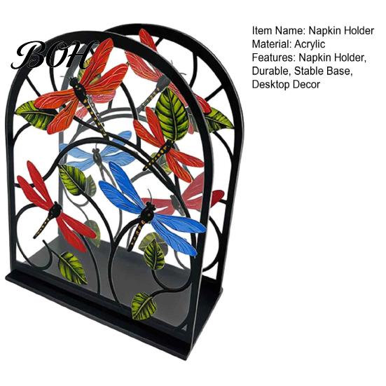Waterproof Tissue Rack for Restaurant Acrylic Napkin Holder, Bird Dragonfly Pattern Decor, Vertical Decorative Floral Stand Organizer, Desktop