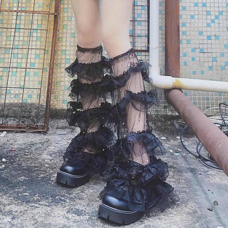 Женские многослойные сетчатые гетры с оборками, кавайные высокие носки, эстетичные чулки Y2K Chic, манжеты для ног, уличная одежда