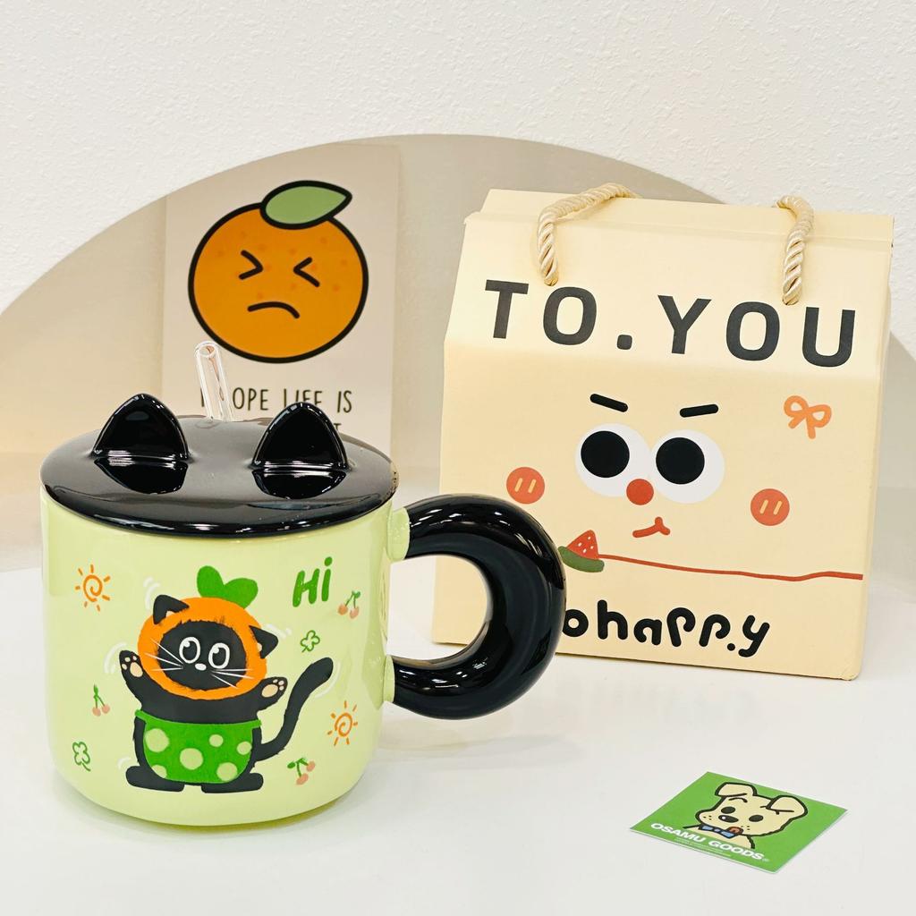 Рельефный котенок с крышкой, милый, высокий, девочка, керамический набор чашек, соломенная чашка, мультяшная кружка, открывающаяся в подарок