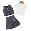 2-8Y Girls Spring and Summer Suit Fashion V-neck Single-breasted Waistcoat + Pullover Top + Pleated Skirt 3pcs