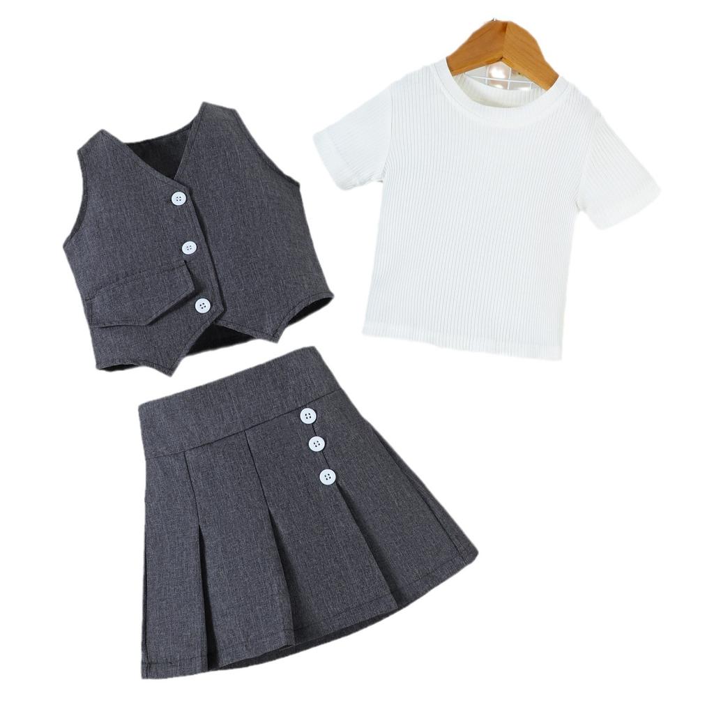 2-8Y Girls Spring and Summer Suit Fashion V-neck Single-breasted Waistcoat + Pullover Top + Pleated Skirt 3pcs