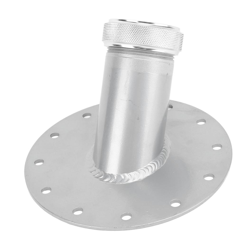 45 Degree Fuel Cell Filler Neck with 12 Bolt Steel Base Aluminum Cap 1.5in Inner Diameter Silver