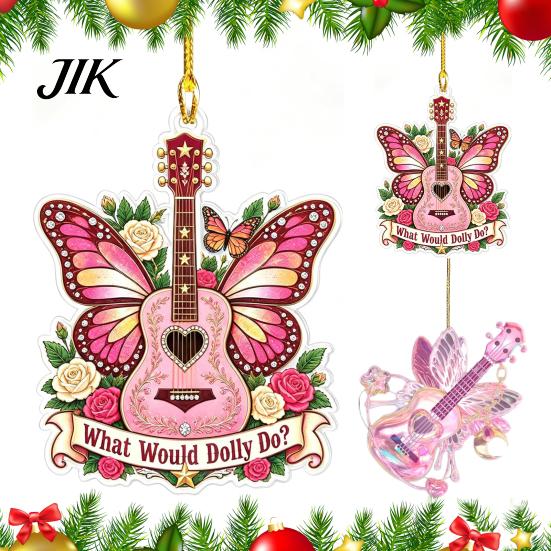 Decorative Guitar for Trees Pink Butterfly Ornament, Acrylic Music Hanging Decor with Rose Southern Flair Home And Quote, Christmas Tree Pendant,