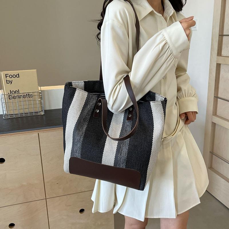 Новая вместительная холщовая сумка в контрастную полоску, женская универсальная сумка через плечо, портативная сумка-тоут