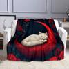 White Cat Sleeping on Red Crescent Moon Patterned flannel blanket perfect for the bedroom living room, sofa, or a little nap