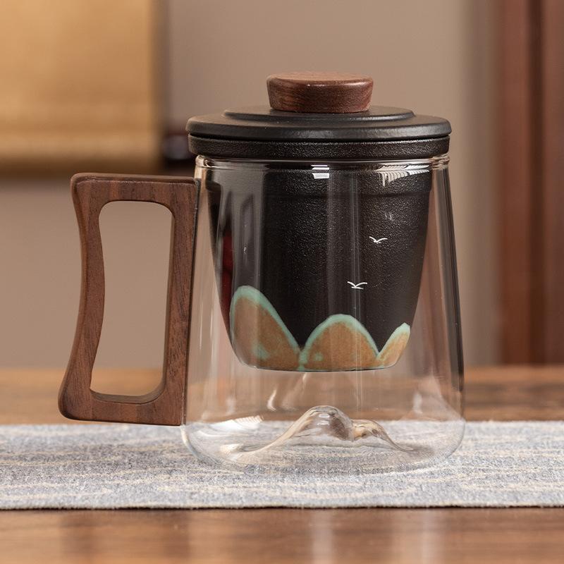 Ручка из черного сандала, офисная кружка, керамическая вставка-фильтр, стеклянная чашка для чая, высококлассная, защита от ожогов, подарочная коробка, портативный подарок