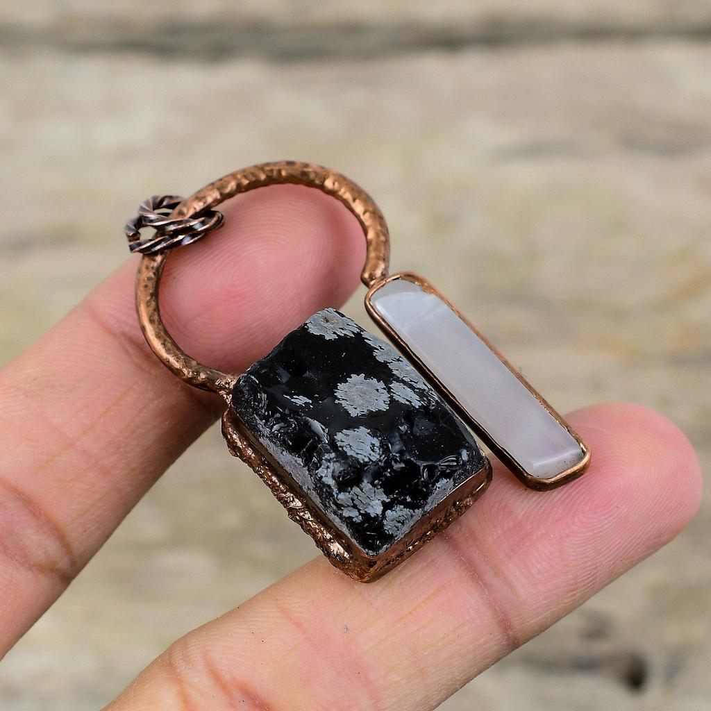 Snowflake Obsidian Rough Gemstone Pendant Electroformed Copper Pendant Handmade Mother Of Pearl Pendant Electroformed Jewelry Gift For Women