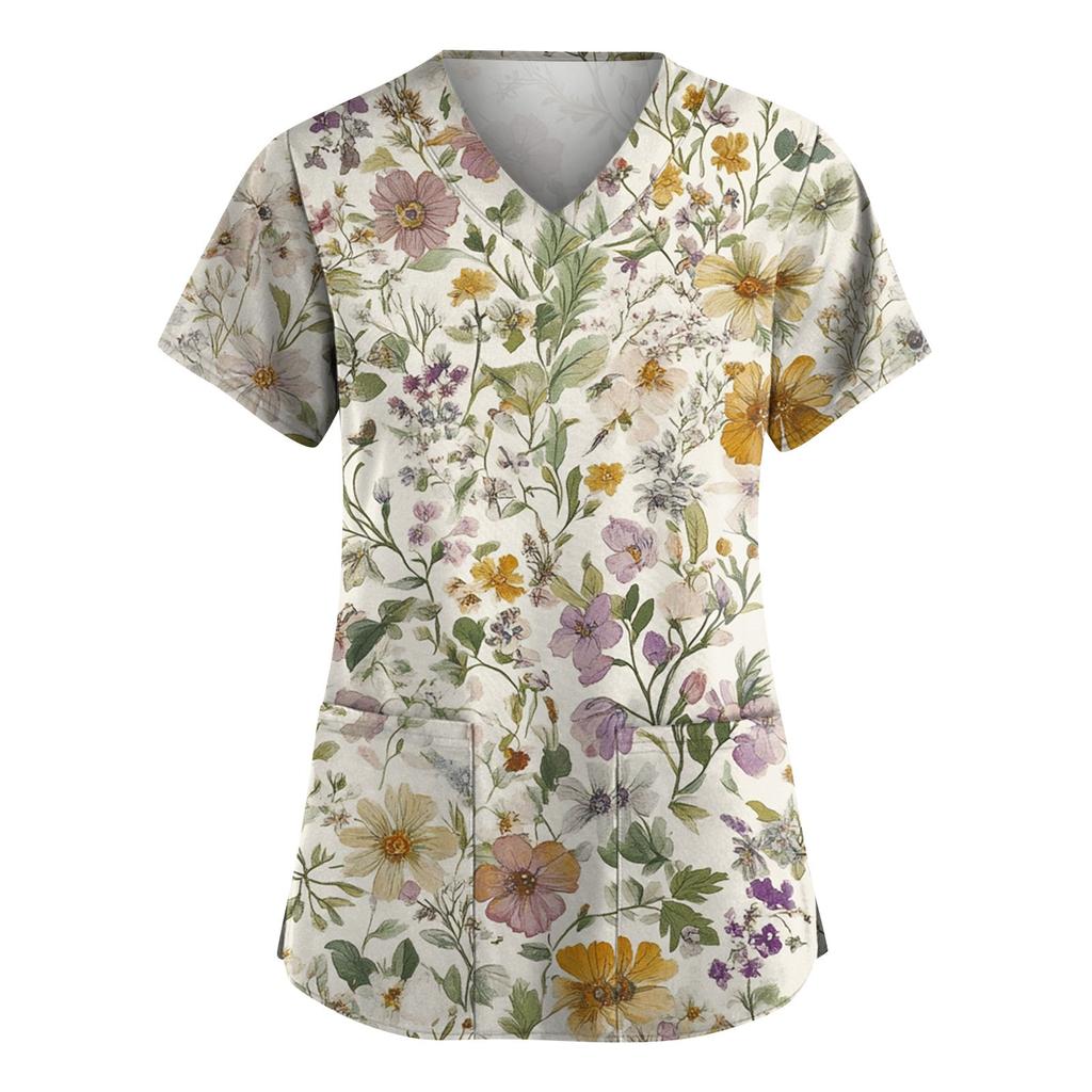 Women's Fashion Short Sleeve Fashion Vintage Floral Print V-Neck Pocket Workwear Tops