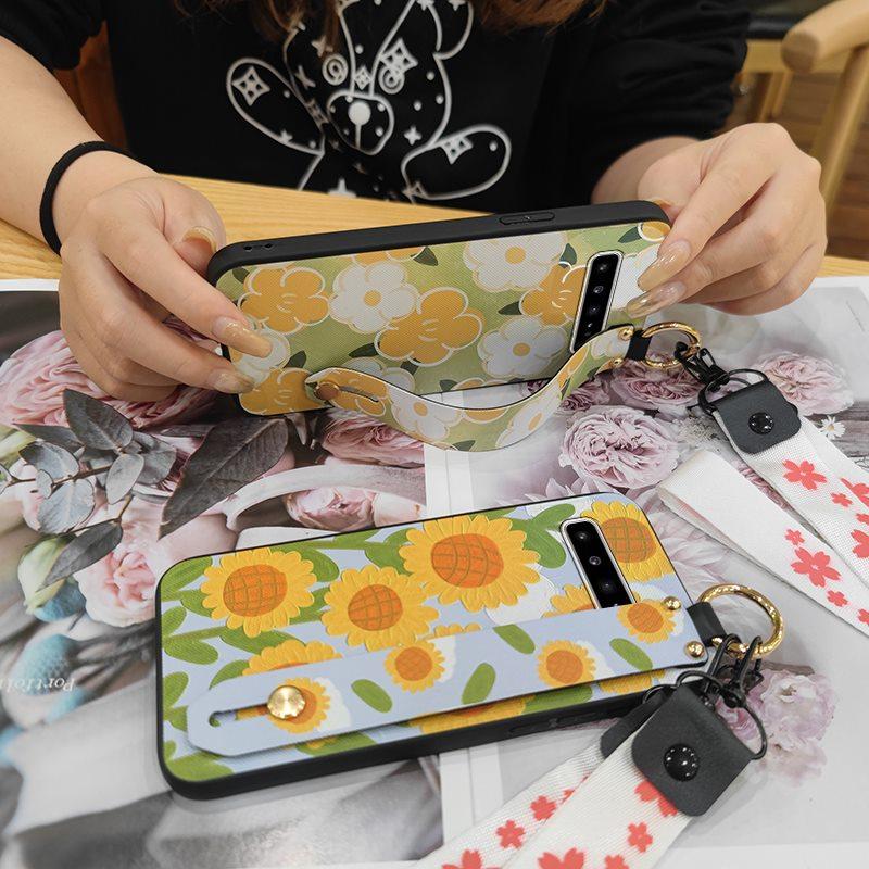 Phone Holder Oil Painting Phone Case For Samsung Galaxy S10 5G/SM-G977N Fashion Design Lanyard Silicone Shockproof Ring