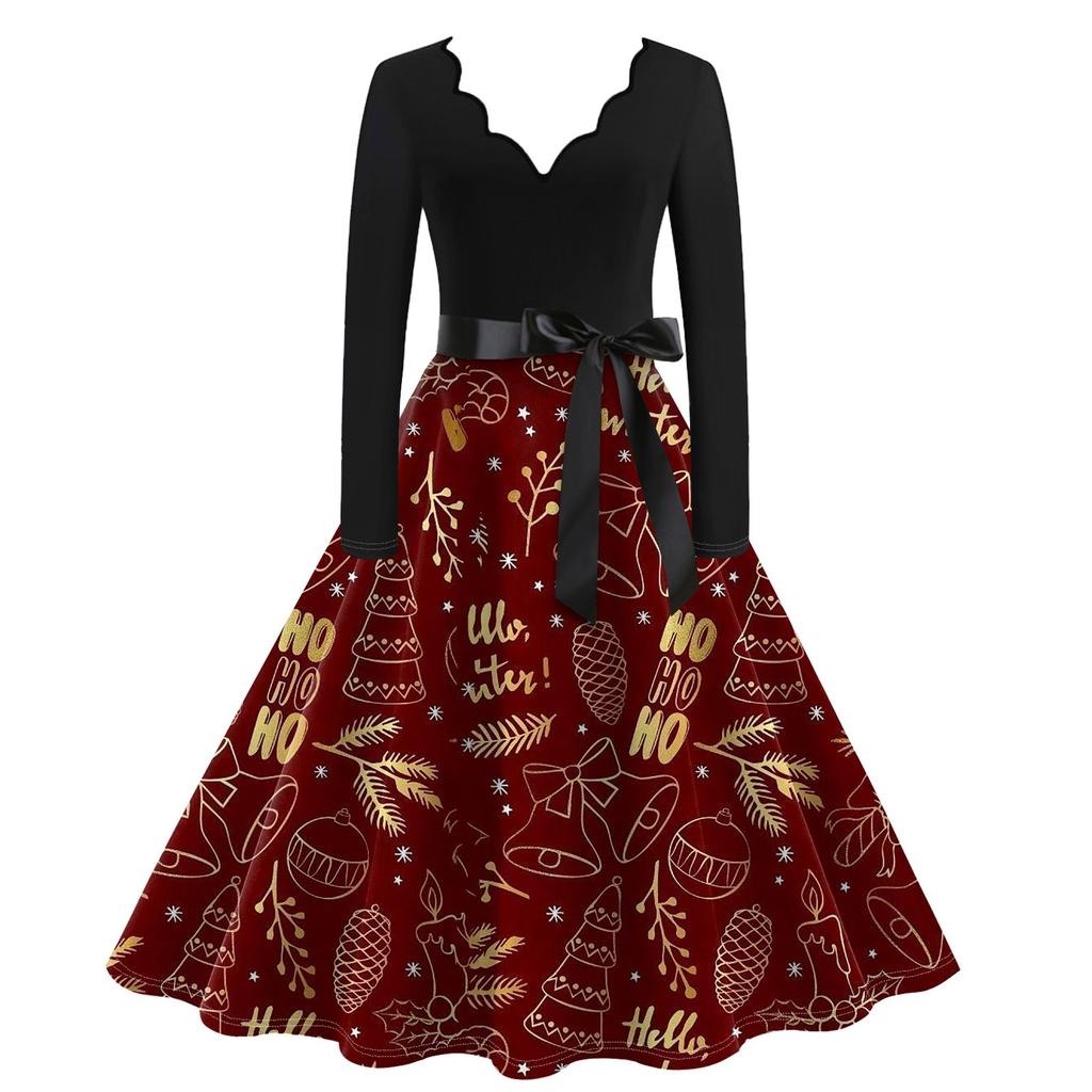 Ladies Casual Fashion V-Neck Long Sleeve Christmas Print Vintage Dress