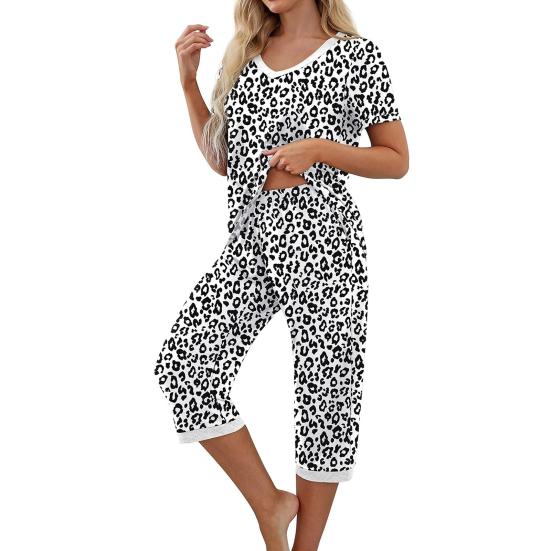 2 шт./комплект, женская летняя пижама с цветочным принтом, V-образный вырез, короткий рукав, рубашка, эластичный пояс, укороченные брюки, домашняя одежда, повседневный наряд, весенняя одежда для сна