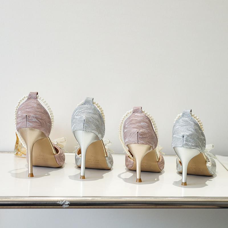 Bow Wedding Shoes Bride Shoes Spring and Summer New Pointed Crystal High Heels Hollow Pearl Sandals