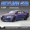 1:32 GTR R34 Low-Rider Sports Car Model with Opening Doors, Four-Wheel Suspension, Alloy Build, Sound and Light, Pull-Back Simulation