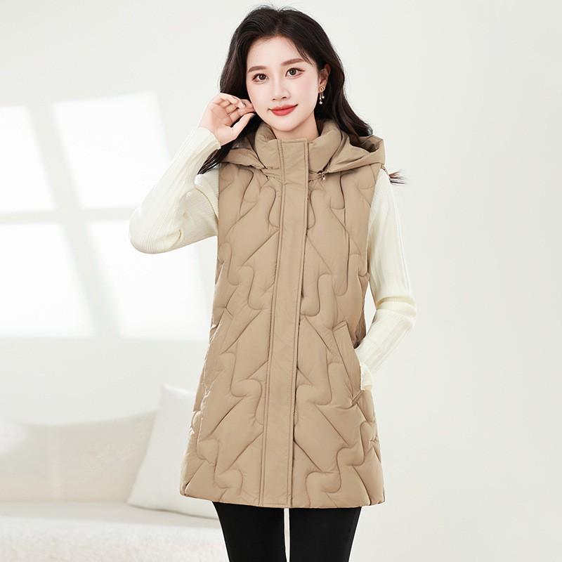 Womens Hooded Puffer Vest Mid-Length Warm Down Cotton Filled Sleeveless Coat Casual Korean Style