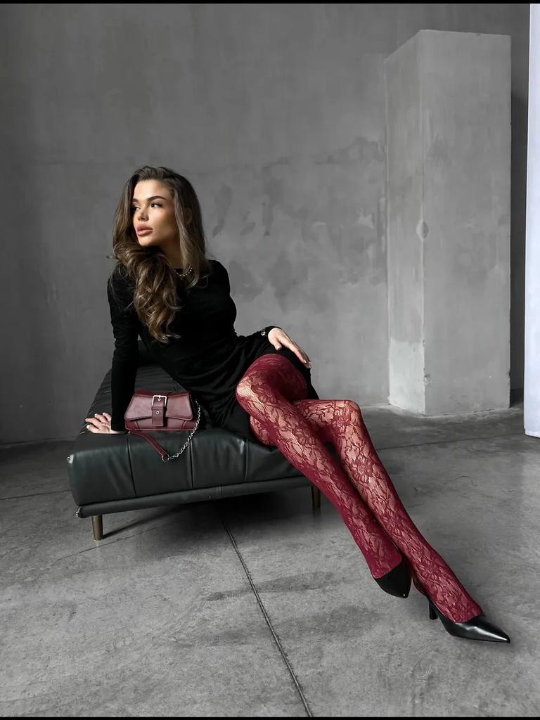 Kuwa Y2K Fashion Gothic Flower Hollow Out Sexy Pantyhose Women Fishnet Burgundy Tights High Elastic Leggings