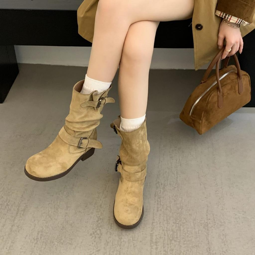 2025 осень и зима круглый носок ботинки Мартин женские Spice Girls средняя голень пряжка ремня ретро Майяр ковбойские ботинки короткие ботинки женские