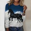 Tops For Women Zebra&Oil Painting Horse Print Round Neck Long Sleeve T-shirt Fall Casual Slim Pullover Women's Long Sleeve Top