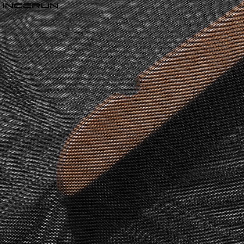 INCERUN Мужские прозрачные топы в сеточку с круглым вырезом и длинными рукавами