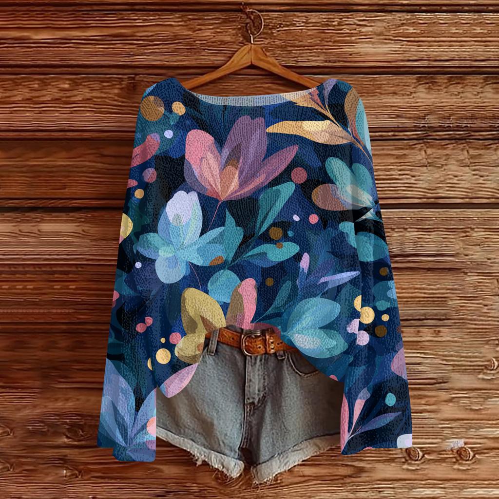 Женский легкий свитер повседневный с длинным рукавом вязаный винтажный с цветочным принтом пуловер