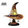 Low Energy Desk Lamp Stained Glass Style Witch Hat Lamp, USB Powered Resin Wizard Night Light Retro Gothic with Sun Star, Halloween Table for Bedroom