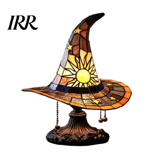 Low Energy Desk Lamp Stained Glass Style Witch Hat Lamp, USB Powered Resin Wizard Night Light Retro Gothic with Sun Star, Halloween Table for Bedroom