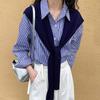 Spring and Autumn Love Blue White Vertical Stripe Blue Slim Shirt Design Female Long Sleeve Shirt Women
