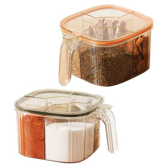 Kitchen Seasoning Jar with Spoon Slot Multi-Compartment Salt Pepper Organizer Transparent Seasoning Box