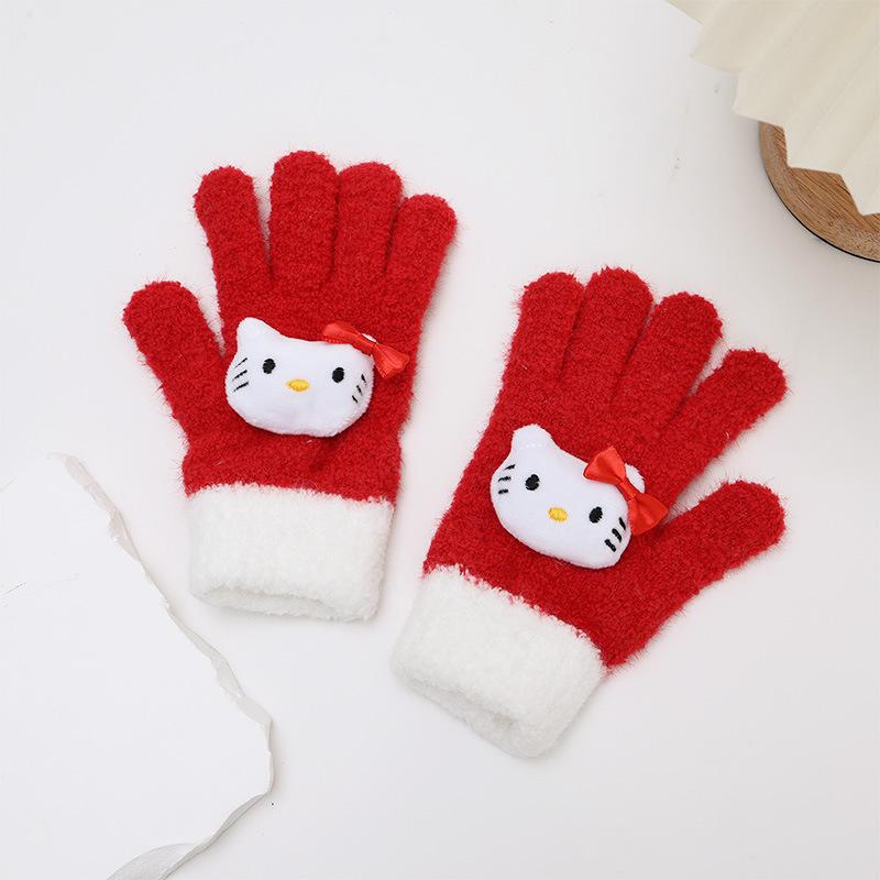 Cute and Cute Color Matching Kai T Cat Five Finger Gloves Autumn and Winter Warm and Thickened Writing Finger Gloves for Boys and Girls