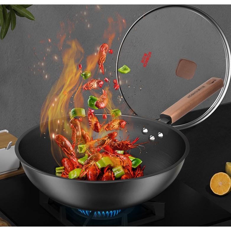 Сковорода-вок, железный вокс с плоским дном 12,5 дюйма, воки и сковороды для жарки с крышкой, вок из углеродистой стали подходят для всех плит