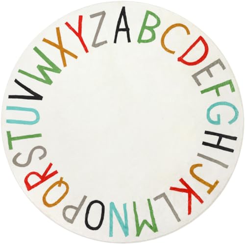 Round Kids Rug for Boy Girl Circle Alphabet Washable Rug Non-Slip Play Mat Learning Carpet for Children Room