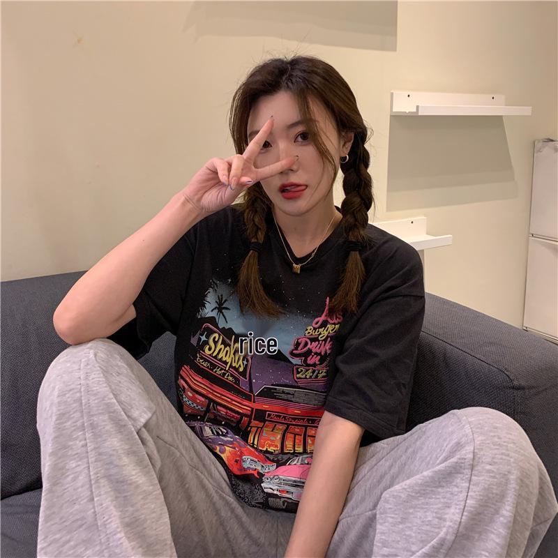 Женская футболка с коротким рукавом свободного кроя в стиле ретро с принтом в корейском стиле - Большой размер, Ранняя весна 2023