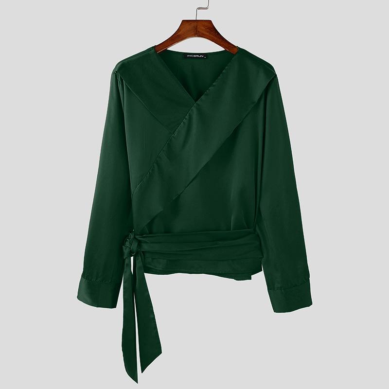 INCERUN Мужские рубашки с длинным рукавом и V-образным вырезом спереди, перекрестные слои, топы