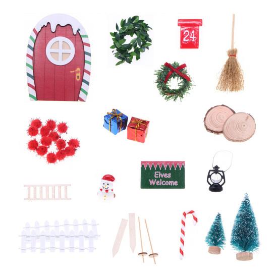 Yousheng 1 Set Christmas Mini Elf Door Decoration Wooden Fairy Garden Tiny Gnome Door Figurine Statue Miniature Xmas Scene Model Ornament