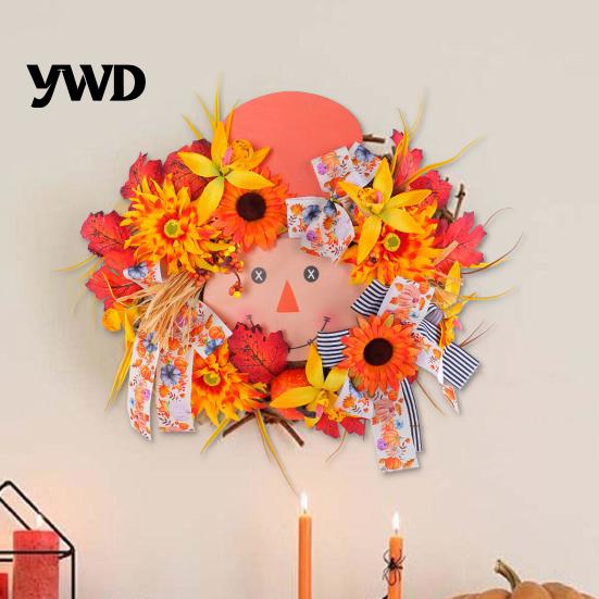 Decorative Harvest Party Supplies Artificial Autumn Scarecrow Wreath for Front Door, 15.7 Inch Sunflower Maple Leaf Indoor Outdoor Seasonal